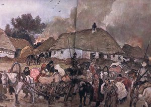 ブレスト・リトフスクへ向かう途中：1914年から1915年の第一次世界大戦の説明された歴史のパブから、後ろにコサックが付いているポーランドの難民。 Union Berlagsefellfchaft、1922 Vol。 ３ 作： Max Tilke